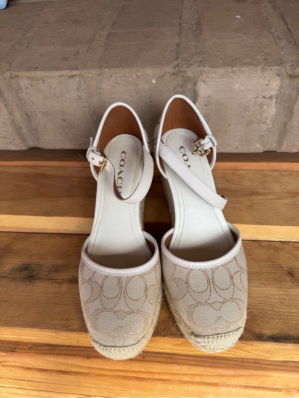 Coach Beige Signature Espadrille Wedge Sandals with Ankle Strap